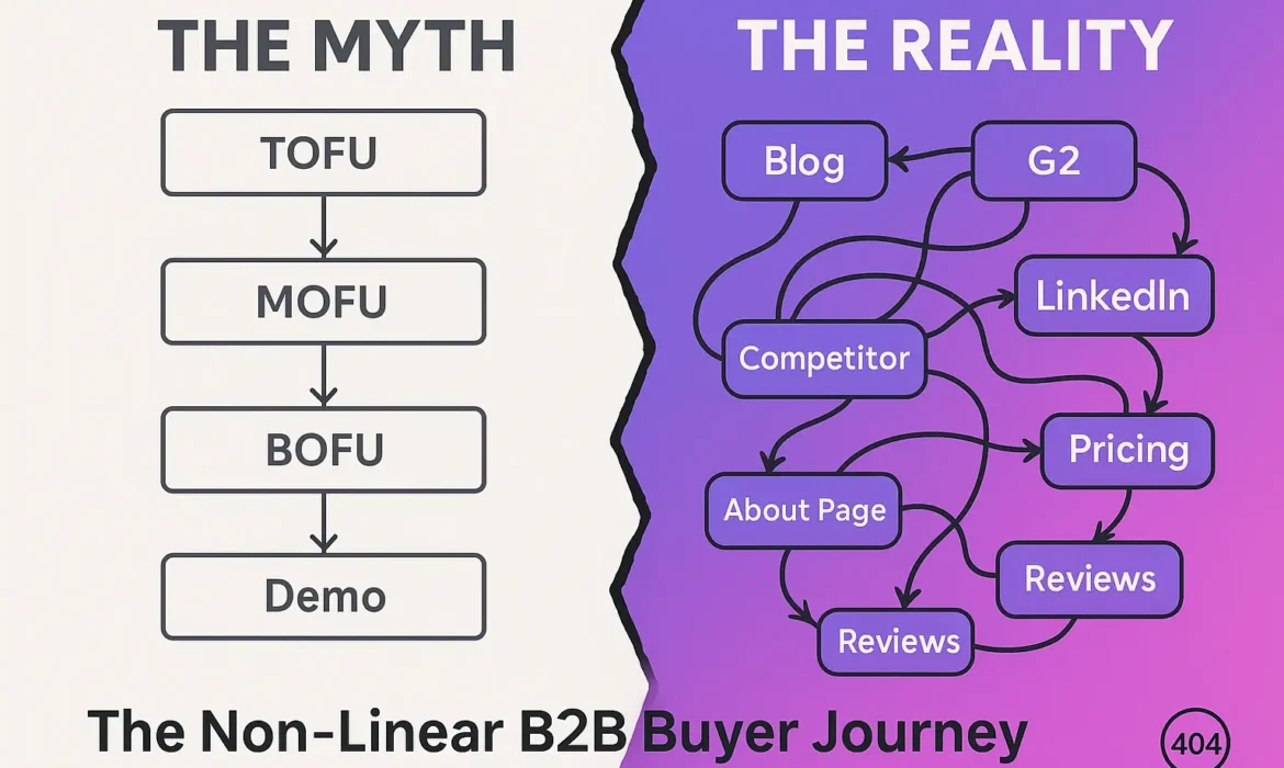 Infographic comparing the myth of a linear B2B marketing funnel with the real non-linear buyer journey, showing TOFU-MOFU-BOFU on the left and messy multi-touch paths like Blog, G2, LinkedIn, Pricing and Competitors on the right.